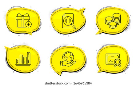 Signo de gráfico analítico. Certificado de diploma, salva burbujas de chat del planeta. Agregar iconos de línea de regalo, gráfico de gráfico de gráficos y sugerencias. Caja actual, Informe de crecimiento, Monedas de efectivo. Análisis de informes. Conjunto de negocios. Vector