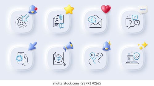 Analytics chart, Targeting and Covid app line icons. Buttons with 3d bell, chat speech, cursor. Pack of Road, Euro money, Cyber attack icon. Question bubbles, Search employee pictogram. Vector