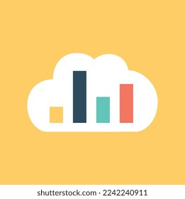 Analytics charts icon. Graphs and diagrams, multicolored bars in cloud. Sticker for social networks. Evaluation information and infographics. Poster or banner. Cartoon flat vector illustration
