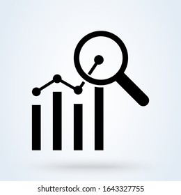 Analytics charts and magnifier vector icon. Progress graph. Financial analytics symbol. Marketing, Sales analytics illustration. Business performance indicators concept