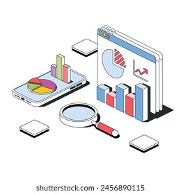 Analytics, charts on a mobile phone, magnifying glass, modal window. Vector 3d line isometric, color web icons, new flat style. Creative design idea for infographics.