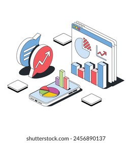 Analytics, charts on a mobile phone, magnifying glass, modal window, bubble chat. Vector 3d line isometric, color web icons, new flat style. Creative design idea for infographics.