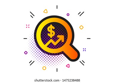 Analytics with charts symbol. Halftone circles pattern. Business Audit or Statistics icon. Search Magnifier sign. Classic flat currency audit icon. Vector