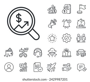 Analytics with charts symbol. Salaryman, gender equality and alert bell outline icons. Business Audit or Statistics line icon. Search Magnifier sign. Currency audit line sign. Vector