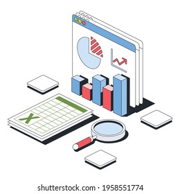 Analytics, charts, tables, search magnifier. Vector 3d line isometric, color web icons, new flat style. Creative design idea for infographics.