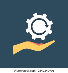 Analytics coghweel icon. Hand with gear, metaphor for information processing and logical thinking. Poster or banner for website. Metaphor of renewal and update. Cartoon flat vector illustration