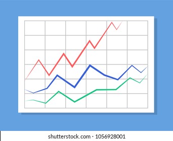 Analytics with colorful lines, analytics with information, graphical representation of data, rise and fall, vector illustration, isolated on blue