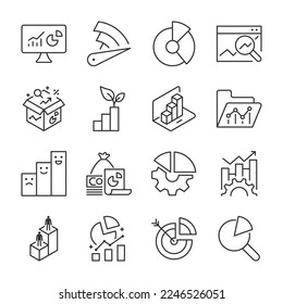 Analytics, columns and diagram icons set. Analysis and statistics, visual presentation of data, linear icon collection. Line with editable stroke