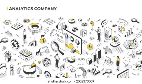 Analytics company concept. Analyzing financial indicators, big data, social media activity. Machine learning and artificial intelligence in business performance prediction. Isometric illustration