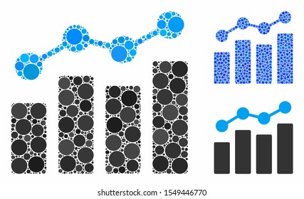 Analytics composition of small circles in different sizes and color tones, based on analytics icon. Vector small circles are organized into blue collage.