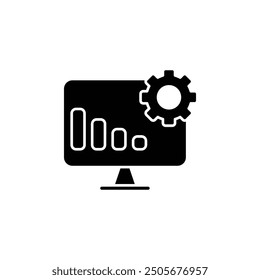Analytics - Comprehensive Data Analysis and Business Intelligence Icon with Bar Graph, Pie Chart, and Settings Gear for Effective Decision Making and Performance Metrics Visualization
