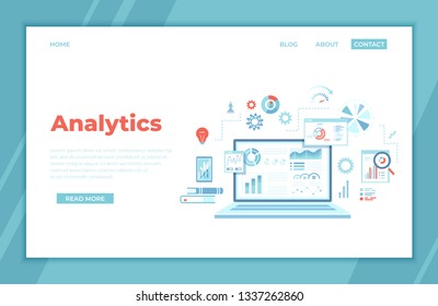 Analytics concept, Analysis, Analyzing, Data processing, Success strategy. Laptop with graphs and charts and  Infographic Elements. landing page for web, banner. Vector illustration.