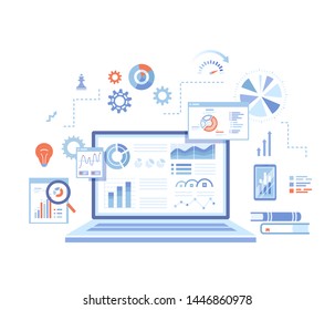 Analytics concept, Analysis, Analyzing, Data processing, Success strategy. Laptop with graphs and charts and  Infographic Elements. Vector illustration on white background. 