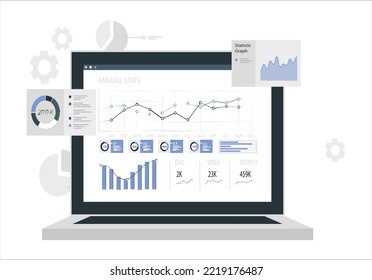 Analytics concept, Analysis, Analyzing, Data processing, Success strategy. Laptop with graphs and charts and Infographic Elements. Vector illustration on white background.