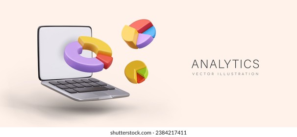 Analytics concept. Collection of statistical data, analysis, visualization. Open notebook, pie charts with sectors of different colors. Place for text