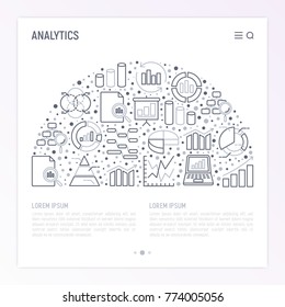 Analytics concept in half circle with thin line icons: diagram, chart, statistics, pyramid, business analysis. Modern vector illustration for banner, web page, print media. 