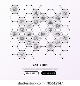 Analytics concept in honeycombs with thin line icons: diagram, chart, statistics, pyramid, business analysis. Modern vector illustration for banner, web page, print media. 