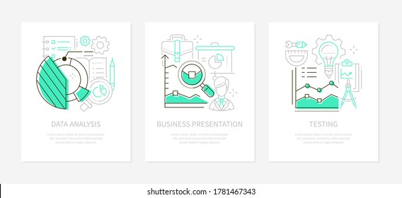 Analytics Concept - Line Design Style Banners Set With Place For Text. Data Analysis, Business Presentation, Testing Ideas. Diagrams And Charts, Businessman Showing Infographics, Tools Linear Icons