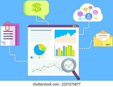 Analytics concept, magnifying glass with chart. Analysis, data processing, success strategy. Presentation with graphs and charts and infographic elements. Growing bar business research graph