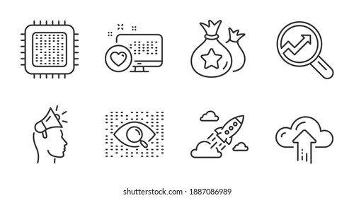 Analytics, Cpu Processor And Startup Rocket Line Icons Set. Artificial Intelligence, Brand Ambassador And Heart Signs. Loyalty Points, Cloud Upload Symbols. Quality Line Icons. Analytics Badge. Vector