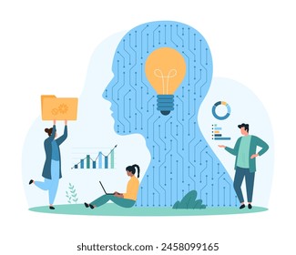 Analytics and creative tech ideas from AI, digital innovation. Tiny people and artificial intelligence work on data research, light bulb inside human head with circuit cartoon vector illustration