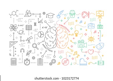 Analytics and creativity in brain. Left and right hemispheres. - Shutterstock ID 1023172774