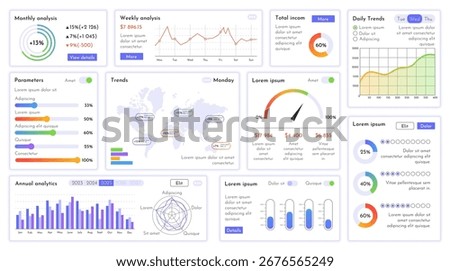Analytics dashboard. Business statistics charts, financial graphs and data visualization widgets with bar chart, line graph, progress bars, speedometer gauge and world map trends analysis vector set.