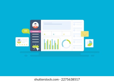 Analytics dashboard displaying data, Business, Financial and marketing data analysis software, web based application concept - flat design vector illustration