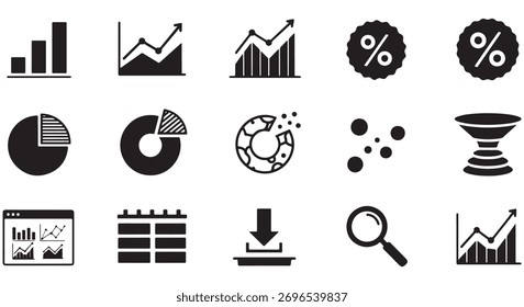 Analytics dashboard glyph icon set. Vector pictograms of percent, growth graph, decline, trend, arrow, filter, segmentation, magnify, analysis, document, black sign silhouette illustration