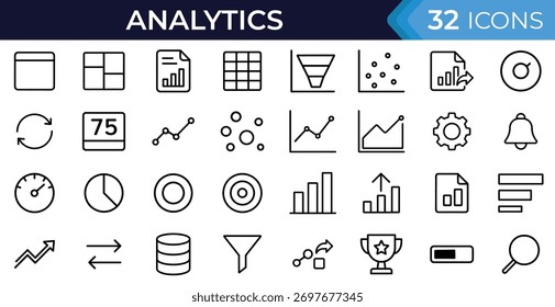 Conjunto de ícones de glifo do painel de análise. Pictogramas vetoriais de dados corporativos, gráfico de crescimento, métricas de desempenho, análise de tendências e relatório de porcentagem no estilo de silhueta em preto sólido
