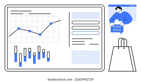 Analytics dashboard with graphs and charts alongside a cashback offer icon and shopping bag. Ideal for financial analysis, e-commerce, marketing strategies, cashback programs, and data visualization