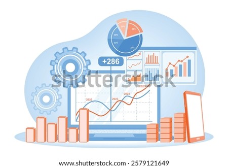 Analytics dashboard illustration with charts, graphs, and data statistics. Describes data visualization for business planning and success. Business Analysis Instruments concept.