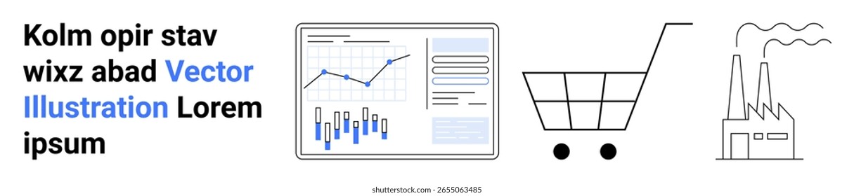 Analytics dashboard with line and bar charts, shopping cart, and factory icons. Ideal for business, e-commerce, industry, data analysis, growth, and logistics themes. Landing page