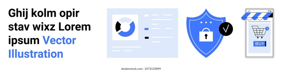 Analytics dashboard, secure shield icon and e-commerce checkout screen. Ideal for data security, online transactions, business analytics, digital marketing, and cybersecurity. Banner for landing page