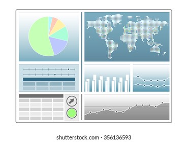 Analytics dashboard template with pie and line chart, world map as vector illustration