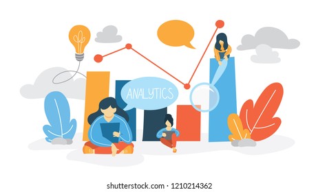 Analytics and data analysis concept. Idea of information gathering from internet. Modern technology and statistic. Isolated flat vector illustration