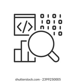Análisis de TI. Análisis de datos, icono lineal. Código de gráfico y programación. Línea con trazo editable