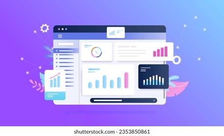 Analytics and data concept - Decorative illustration of web browser with charts, statistics and graphs with abstract results