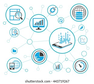 analytics data icons and network diagram on white background, information technology concept
