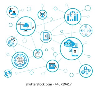 analytics data icons and network diagram on white background, information technology concept