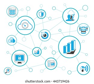 analytics data icons and network diagram on white background, information technology concept
