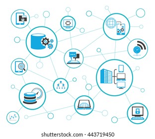 Analytics Data Icons And Network Diagram On White Background, Information Technology Concept