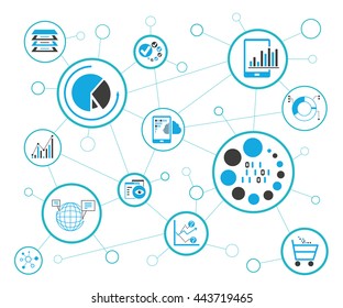 analytics data icons and network diagram on white background, information technology concept