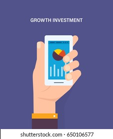 Analytics data on mobile phone screen, statistics information research results on smartphone, cell phone display with growth graph and chart report his phone. Illustration isolated in cartoon style.