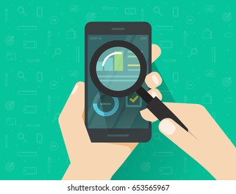 Analytics data on mobile phone screen analysing with magnifier glass vector, flat style statistics information research results on smartphone, cellphone display with growth graph and chart report
