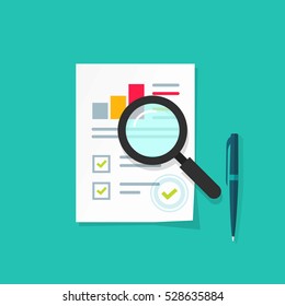 Analytics Data Research Icon Vector, Analysis On Paper Sheet Document Via Magnifier, Statistics Result With Growth Graph Chart Analyze, Analyzing, Audit Verification Process, Report Check, Flat Style