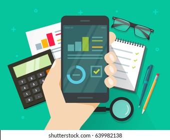 Analytics data results on mobile phone screen vector illustration, flat cartoon style statistics information research on smartphone, cellphone display with growth graph or chart report dashboard
