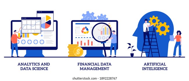 Analytics and data science, financial data management, artificial intelligence concept with tiny people. Risk management abstract vector illustration set. Machine learning, dashboard metaphor.