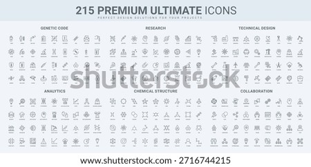 Analytics and data statistics, genetic and science model, lab research of scientist, molecular formula line icon set. Collaboration, predictive analysis thin black outline symbols vector illustration