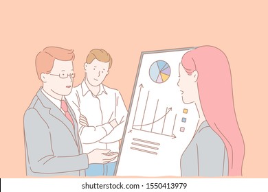 Analytics department meeting, company staff cooperation concept. Teamwork, firm development ways search, colleagues studying statistics, making business plan together. Simple flat vector